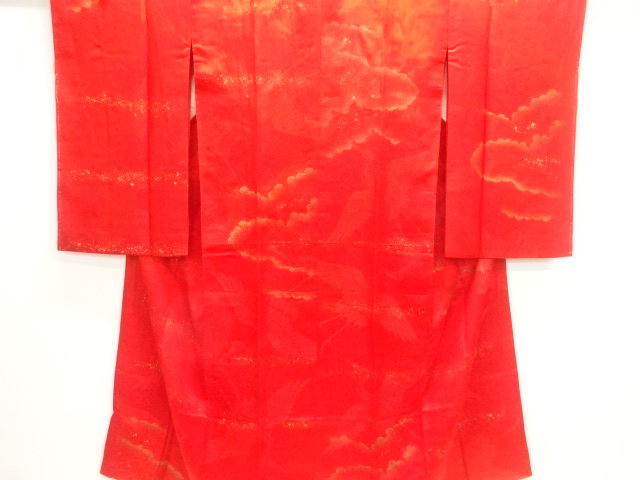 アンティーク　綸子金砂子鶴模様織出し長襦袢